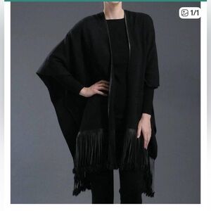 Cashmere and Mink Chic Black Fringed Women's Poncho